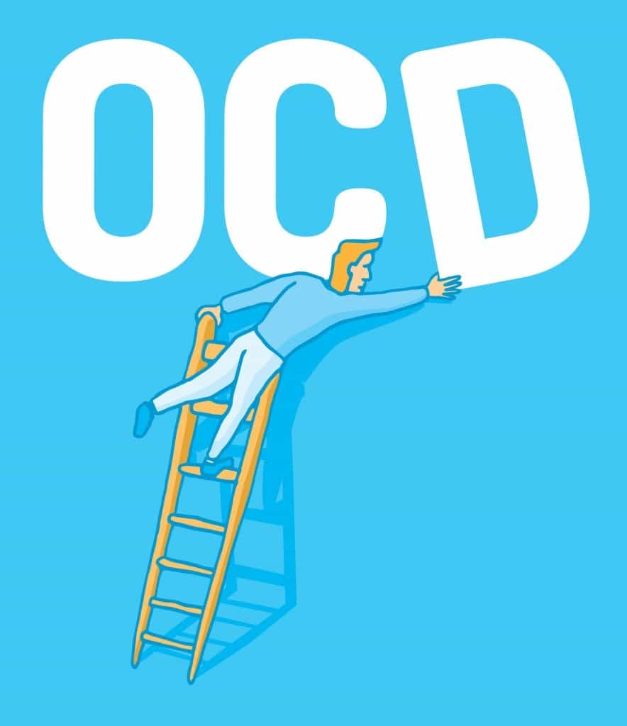 Cartoon Man with OCD on a ladder fixing the words OCD to be straight