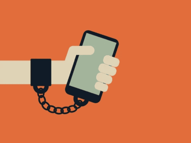 Cartoon hand handcuffed to smartphone. Addicted to smartphones.