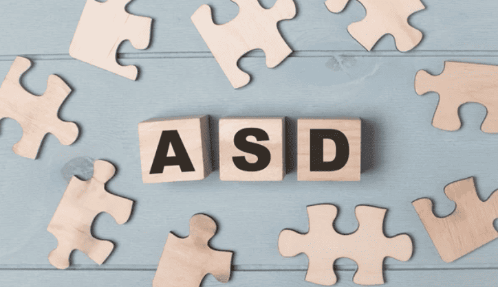 Puzzle pieces and Autism Spectrum Disorder abbreviation ASD letter blocks