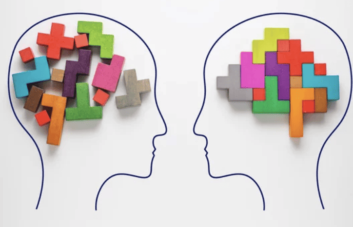 The concept of rational and irrational thinking of two people. Heads of two people with colourful shapes of abstract brain for concept of idea and teamwork. Two people with different thinking