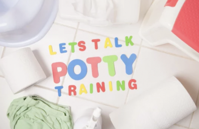 Image of bathroom floor with letter spelling "Let's talk potty Training"