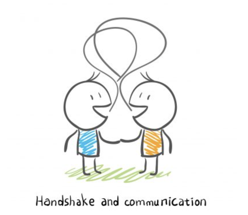Cartoon of two kids handshaking and communicating.