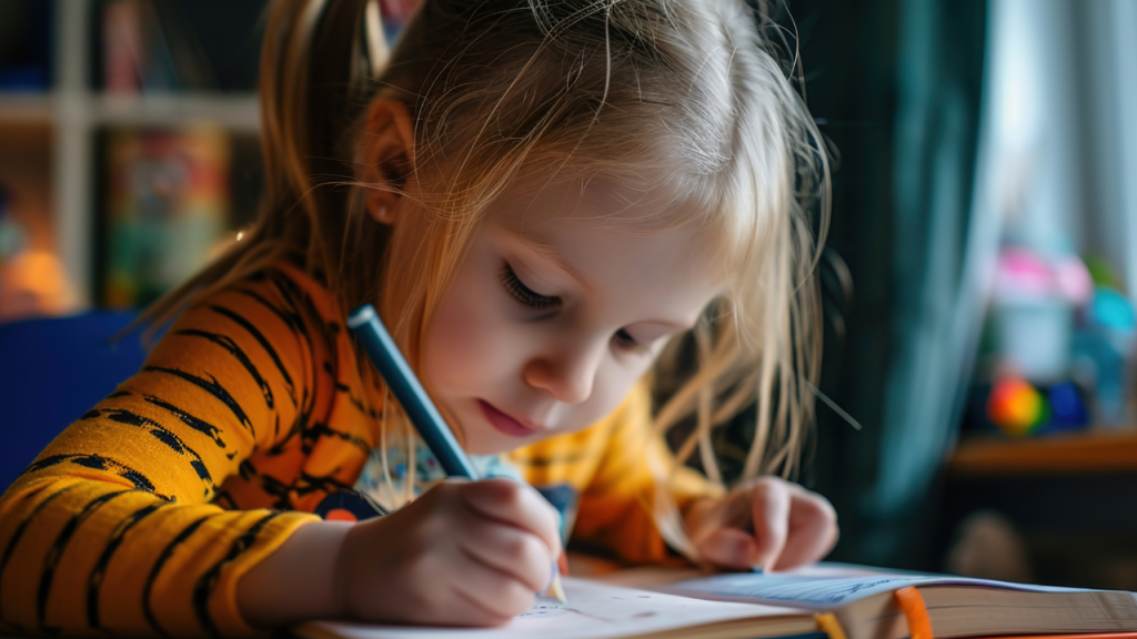 Girl writing in journal, "Feelings Journal" activity offers a creative outlet for self-expression, allowing children to freely document their experiences, reflections, and emotions without the pressure of external judgment.