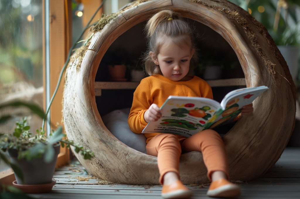 cozy space with child reading book