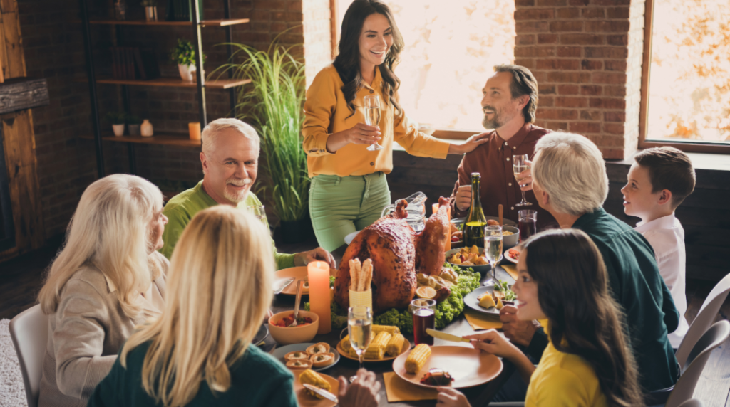 family eating a meal during the holidays