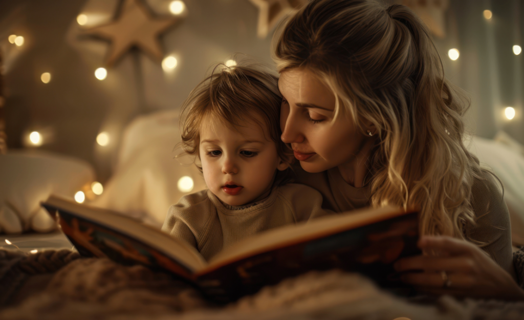 mother reading bedtime story to son