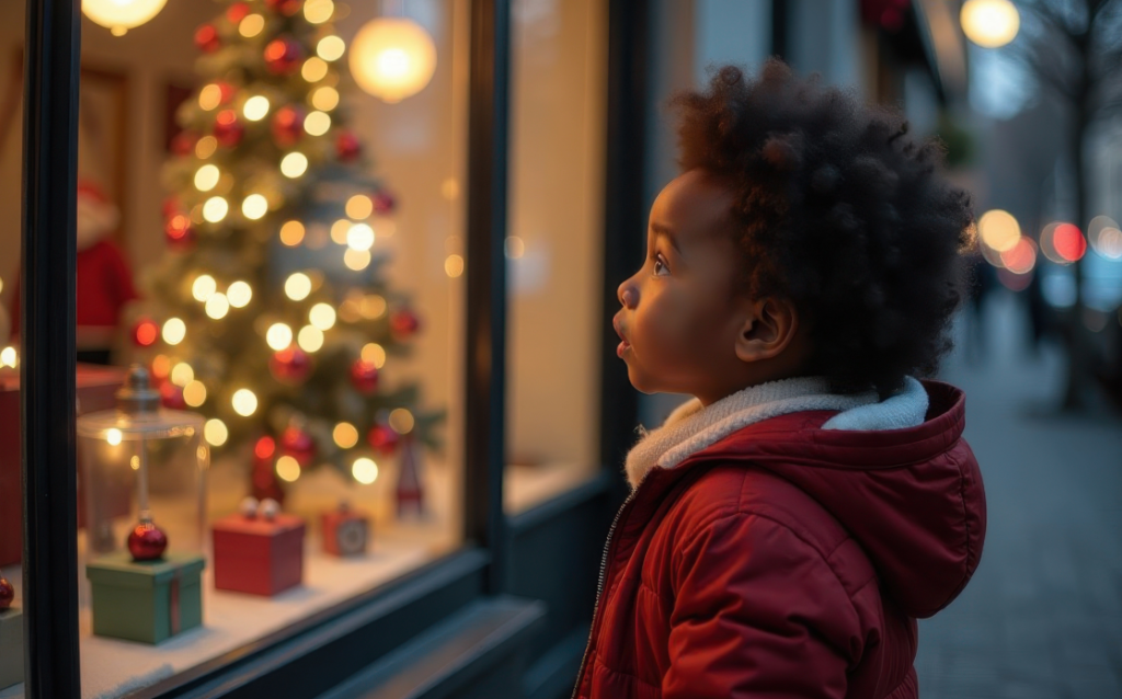 child looking at christmas decorations