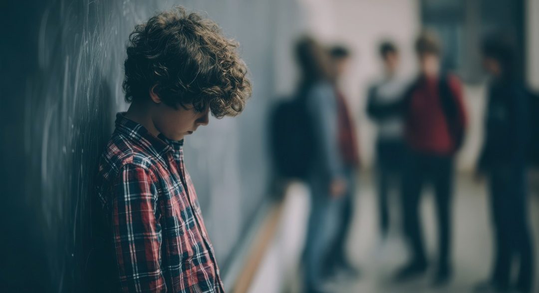 Teen sitting alone at school hallway feeling socially isolated